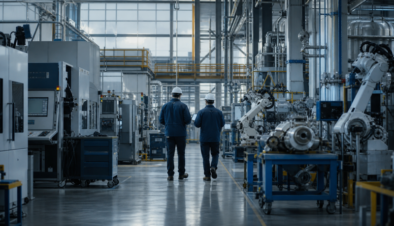 Profesionales inspeccionan maquinaria y sistemas automatizados en una planta industrial moderna