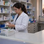 Profesional organiza medicamentos en una farmacia clínica antes del cierre semanal