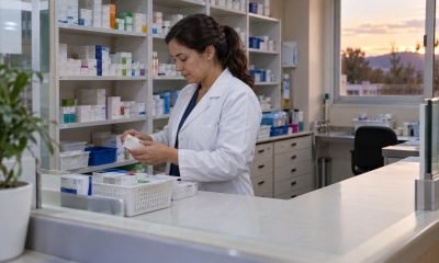 Profesional organiza medicamentos en una farmacia clínica antes del cierre semanal