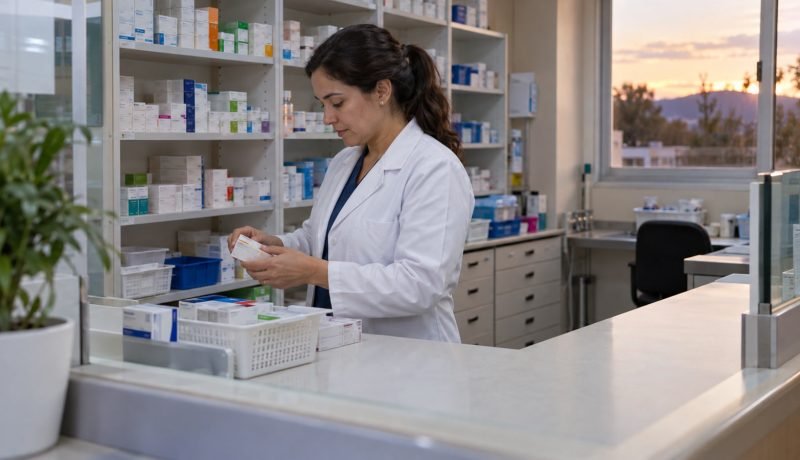 Profesional organiza medicamentos en una farmacia clínica antes del cierre semanal