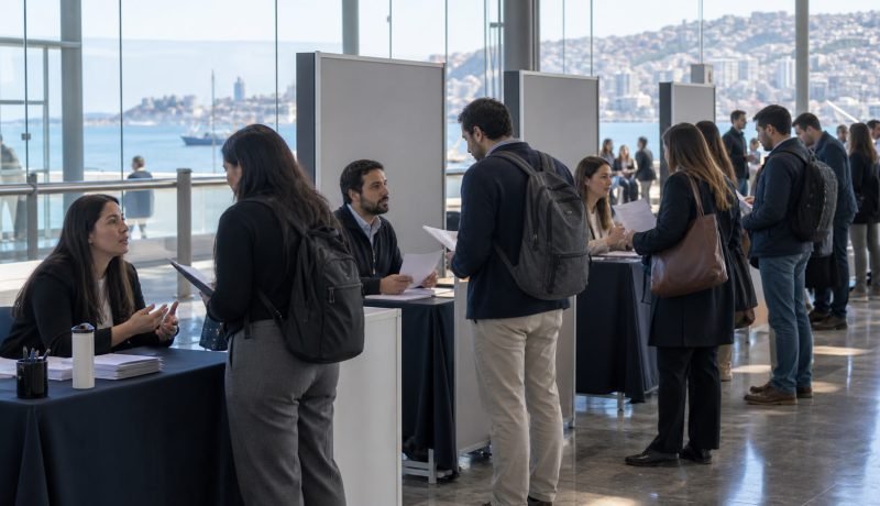 Personas conversan con equipos de reclutamiento en una feria laboral