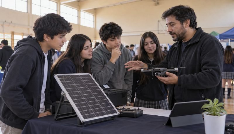 Estudiantes observan un panel solar y un dron durante una feria tecnológica