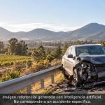 Vehículo con daños frontales detenido junto a una carretera, con equipos de emergencia al fondo