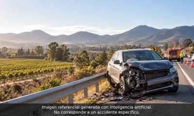 Vehículo con daños frontales detenido junto a una carretera, con equipos de emergencia al fondo