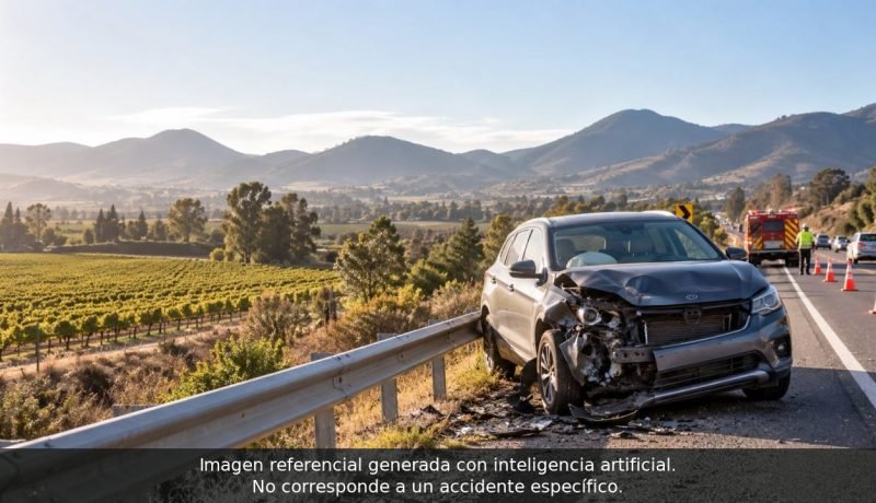 Vehículo con daños frontales detenido junto a una carretera, con equipos de emergencia al fondo