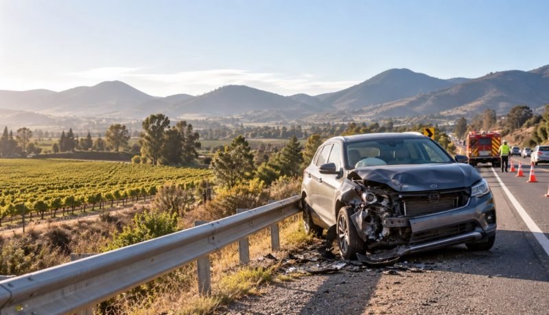 Vehículo con daños frontales detenido junto a una carretera, con equipos de emergencia al fondo