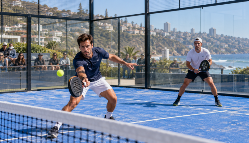 Dos jugadores disputan un partido de pádel en una cancha costera de Viña del Mar en una imagen editorial ilustrativa