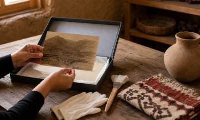 Manos revisan una fotografía antigua junto a objetos patrimoniales