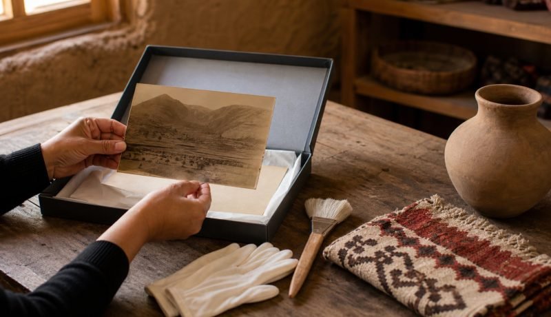 Manos revisan una fotografía antigua junto a objetos patrimoniales