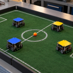 Ilustración de pequeños robots sobre una cancha de fútbol en una mesa de laboratorio