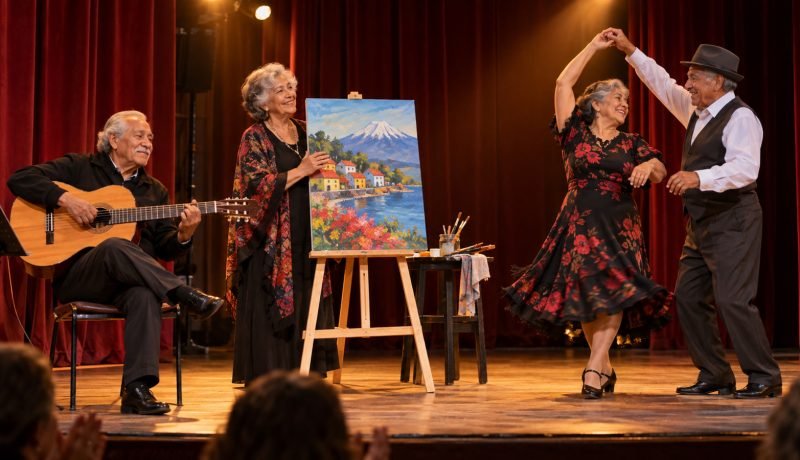 Personas mayores presentan música, pintura y danza sobre un escenario