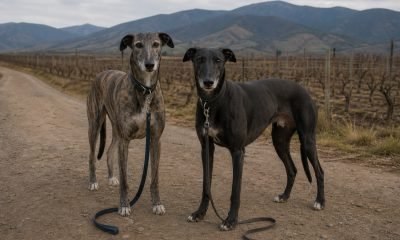 Dos perros galgos en un camino rural del valle de Casablanca