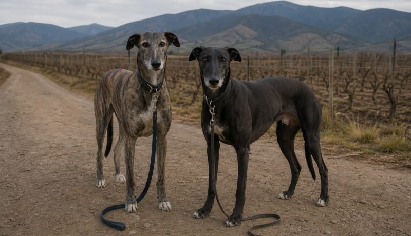 Dos perros galgos en un camino rural del valle de Casablanca