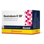 Envase de Gestrokem-E 28 de Ascend, caja de 28 comprimidos recubiertos.