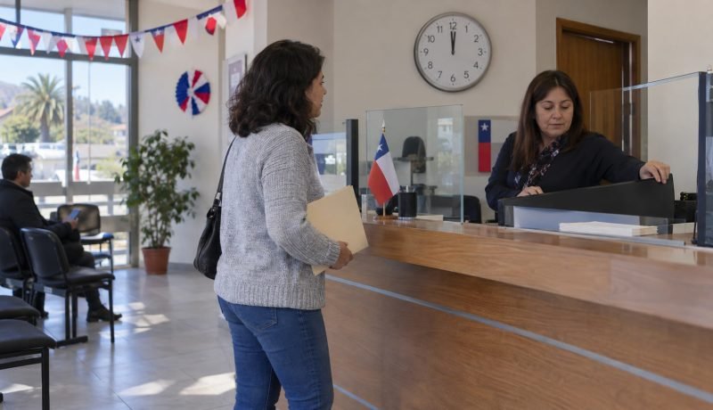 Vecina realiza un trámite en una oficina municipal antes del mediodía