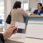 Persona sostiene una tarjeta de atención junto a un calendario en una recepción de salud