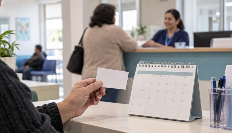 Persona sostiene una tarjeta de atención junto a un calendario en una recepción de salud