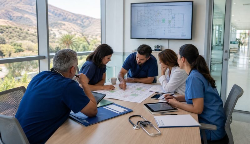 Equipo de salud revisa un plano hospitalario durante una reunión preventiva