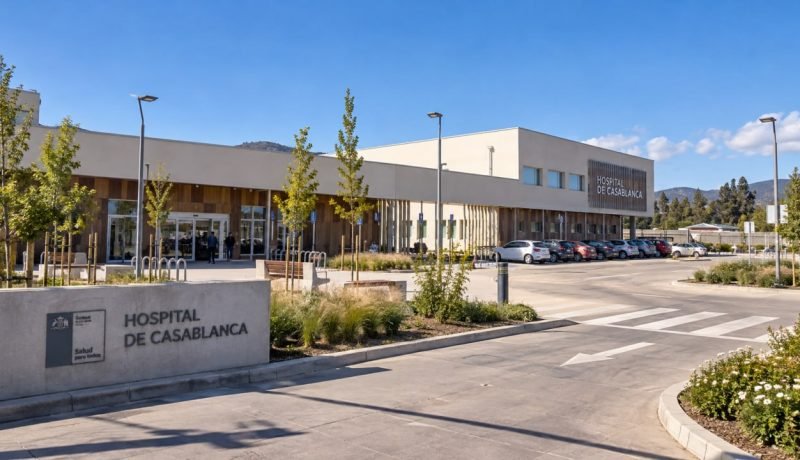 Fachada y acceso principal del Hospital de Casablanca, con estacionamiento y jardines.