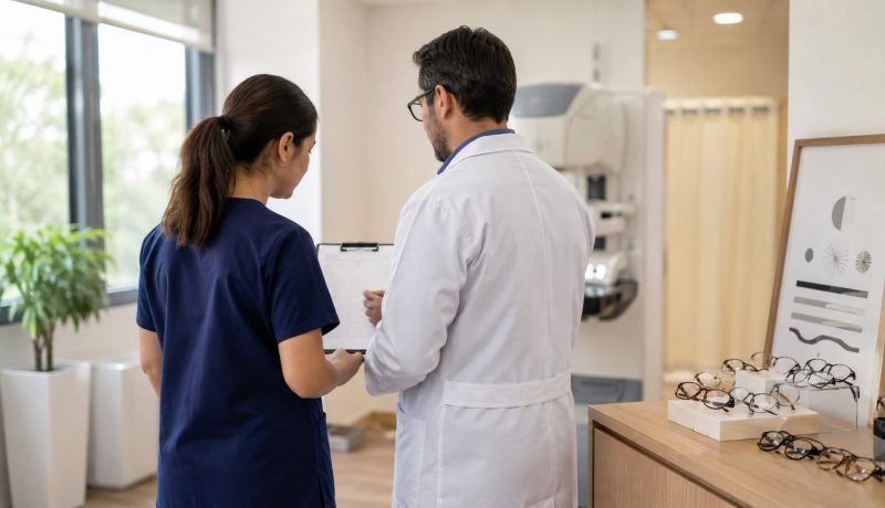 Profesionales de salud revisan una agenda preventiva junto a equipos de mamografía y salud visual