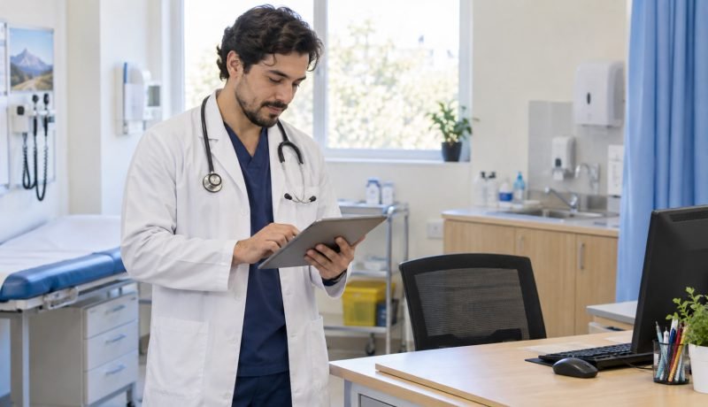 Médico revisa una ficha clínica en una consulta de atención primaria