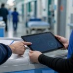 Profesionales de salud revisan gráficos abstractos en una tableta dentro de un hospital