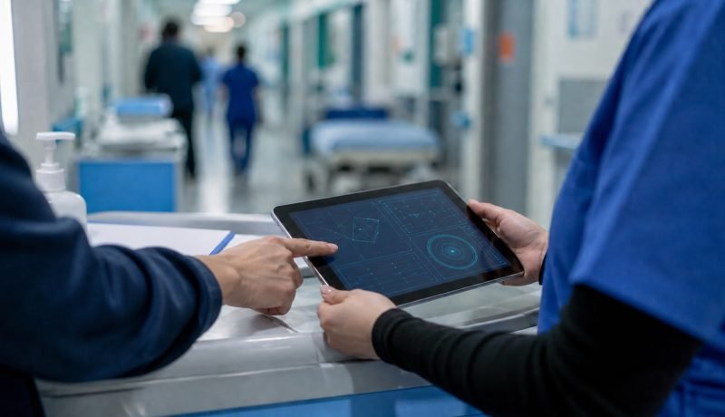Profesionales de salud revisan gráficos abstractos en una tableta dentro de un hospital