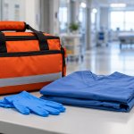 Bolso de emergencia, guantes y radio portátil en un espacio de preparación sanitaria