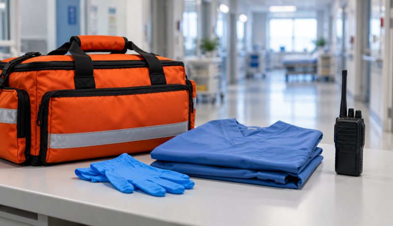 Bolso de emergencia, guantes y radio portátil en un espacio de preparación sanitaria
