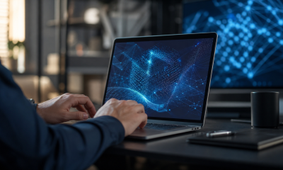 Persona analizando patrones abstractos de ciberseguridad en un computador