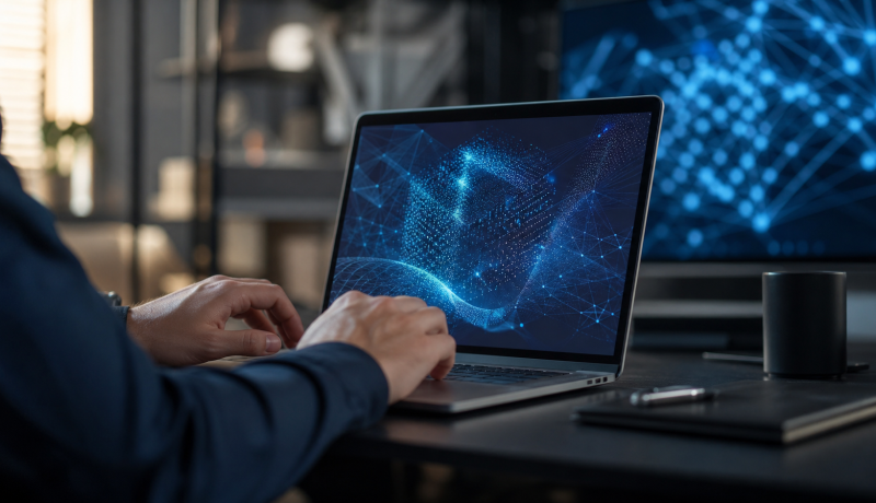 Persona analizando patrones abstractos de ciberseguridad en un computador