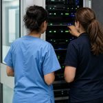 Profesionales de salud y tecnología revisan infraestructura de datos en un hospital