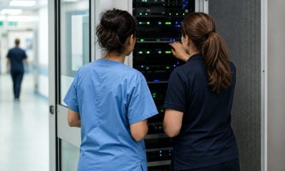 Profesionales de salud y tecnología revisan infraestructura de datos en un hospital