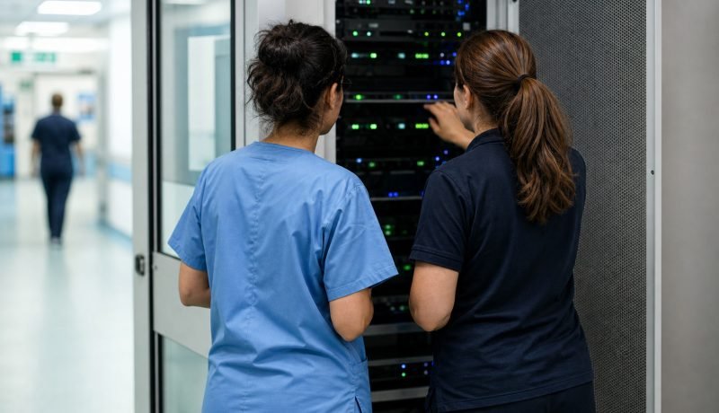 Profesionales de salud y tecnología revisan infraestructura de datos en un hospital