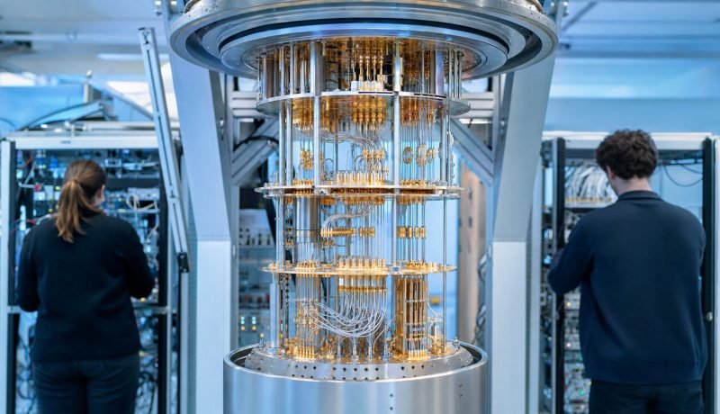 Equipo criogénico de computación cuántica en un laboratorio con dos investigadores de espaldas