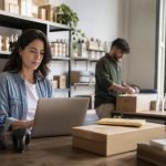 Propietaria de una pequeña empresa revisa ventas mientras un trabajador prepara despachos
