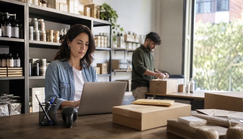 Propietaria de una pequeña empresa revisa ventas mientras un trabajador prepara despachos