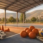 Balones de fútbol, básquetbol y voleibol en una cancha techada