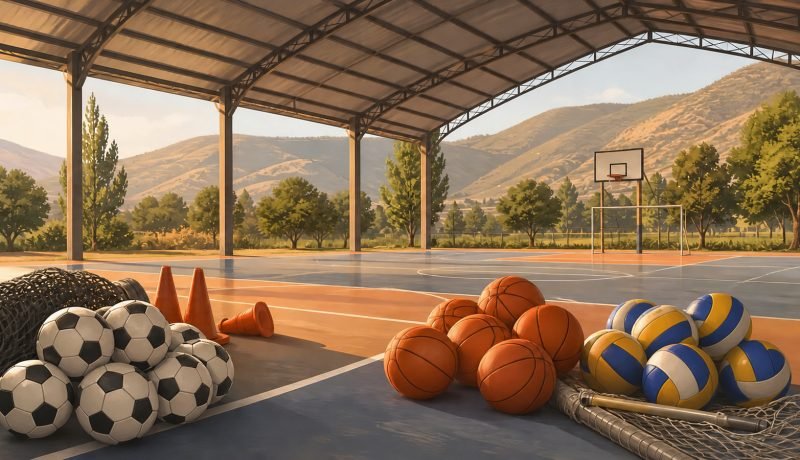 Balones de fútbol, básquetbol y voleibol en una cancha techada