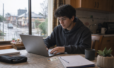 Estudiante completa desde su computador la inscripción a la PAES durante una jornada lluviosa