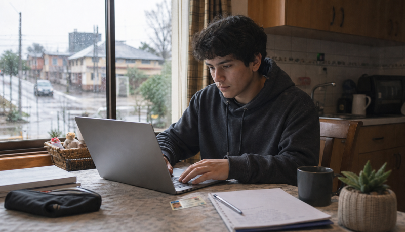 Estudiante completa desde su computador la inscripción a la PAES durante una jornada lluviosa