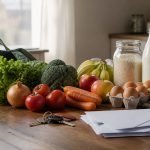 Alimentos básicos y artículos del hogar sobre una mesa de cocina