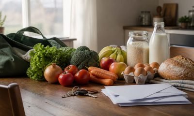 Alimentos básicos y artículos del hogar sobre una mesa de cocina