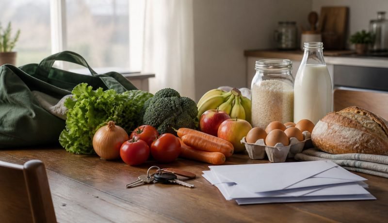 Alimentos básicos y artículos del hogar sobre una mesa de cocina