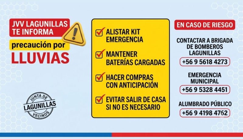 Aviso de la Junta de Vecinos de Lagunillas con recomendaciones y teléfonos ante las lluvias