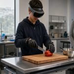 Estudiante utiliza visor de realidad extendida y guantes hápticos en un laboratorio inclusivo