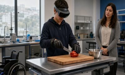 Estudiante utiliza visor de realidad extendida y guantes hápticos en un laboratorio inclusivo