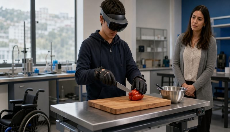 Estudiante utiliza visor de realidad extendida y guantes hápticos en un laboratorio inclusivo