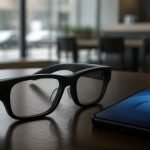 Lentes inteligentes genéricos junto a un teléfono con un símbolo de privacidad