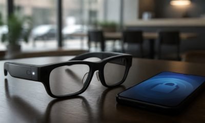 Lentes inteligentes genéricos junto a un teléfono con un símbolo de privacidad